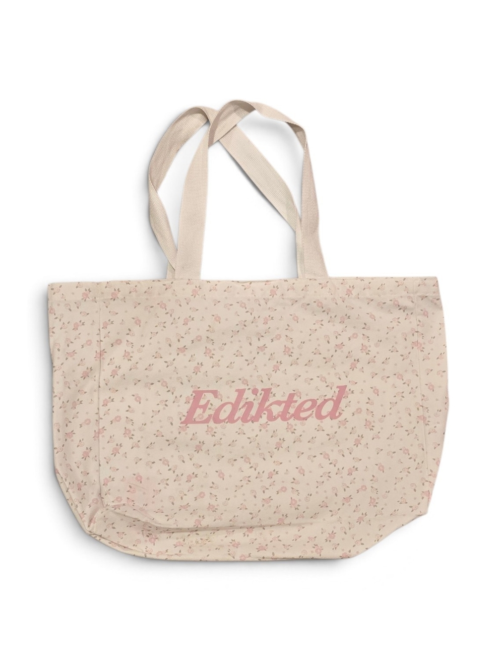 Edikted Cream Floral Tote with Pink Script Logo